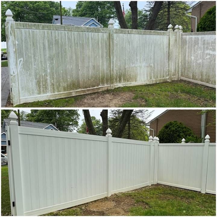 Before-and-after of a white vinyl fence: weathered and green-stained, then cleaned and restored