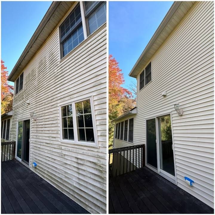 Two views of a beige house exterior with vinyl siding, windows, and a deck under a blue sky
