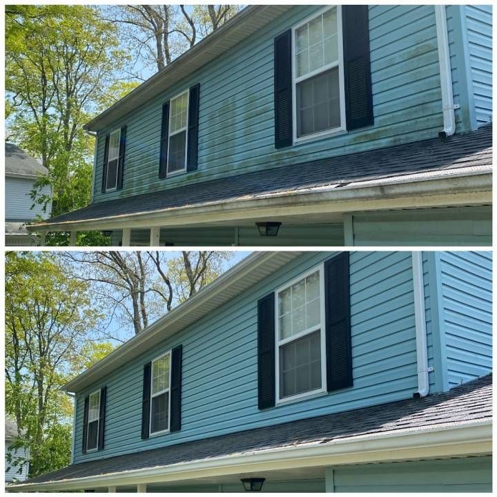 Two views of a blue house exterior with white trim and dark shutters under a green roofline