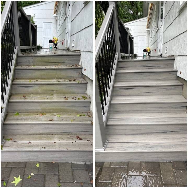 Before-and-after view of a front staircase: mossy, dirty steps on the left and cleaned steps on the right.
