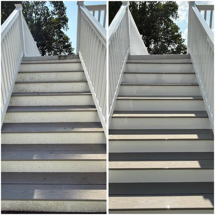 Split view of outdoor white staircase with railings, showing before-and-after cleaning or lighting differences