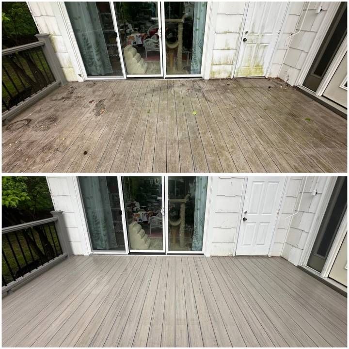 Before-and-after view of a weathered wooden deck transformed into a freshly painted light gray patio.