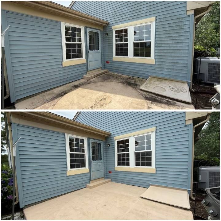 Before-and-after view of a blue house patio with concrete repaired and a ramp added to the right side