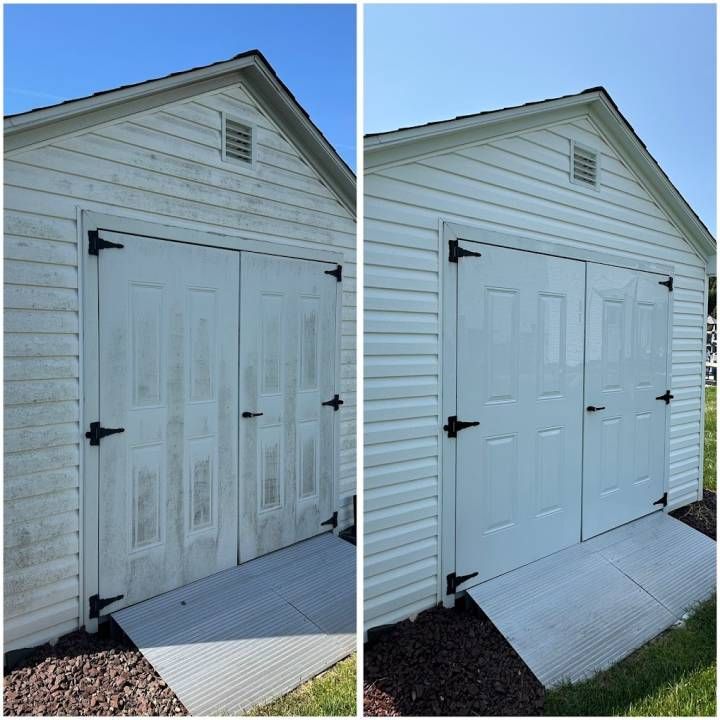Before-and-after view of a white shed door, weathered on left and freshly painted on right.