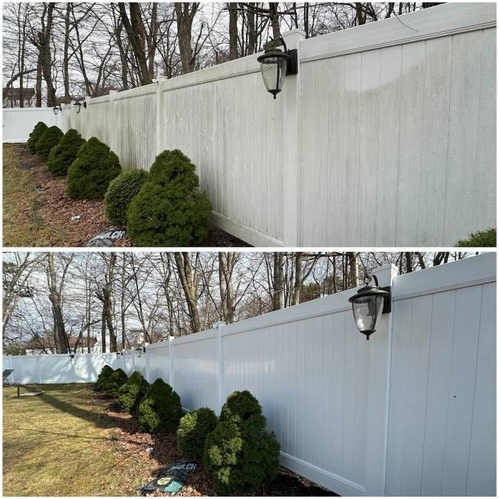 Before-and-after view of a white vinyl fence and shrubs along a yard, with a wall lantern.