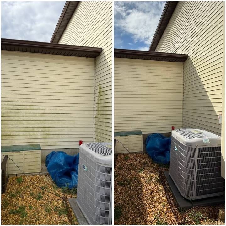 Before-and-after of an outdoor HVAC unit beside a beige house wall, with debris cleaned up and ground cleared.
