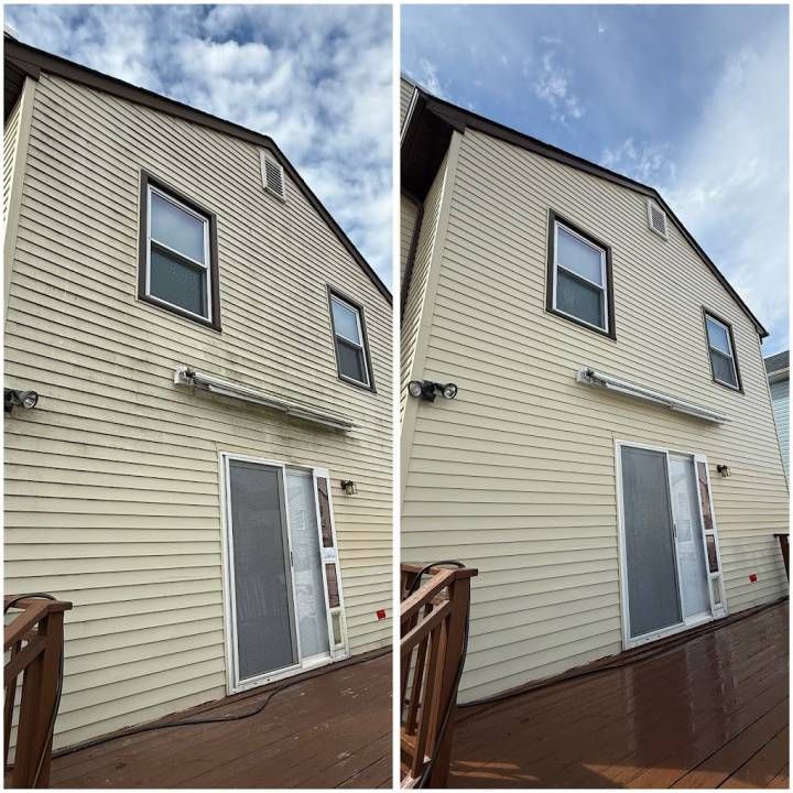 Before-and-after view of a house exterior with beige siding and a deck, showing cleaned walls on the right.
