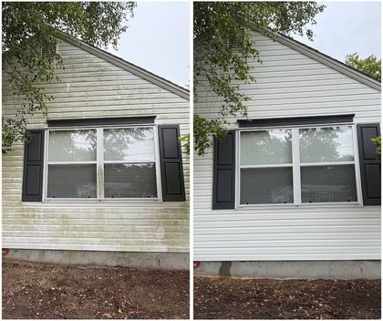 Before-and-after view of a house exterior, showing the siding cleaned from dirty to bright white.