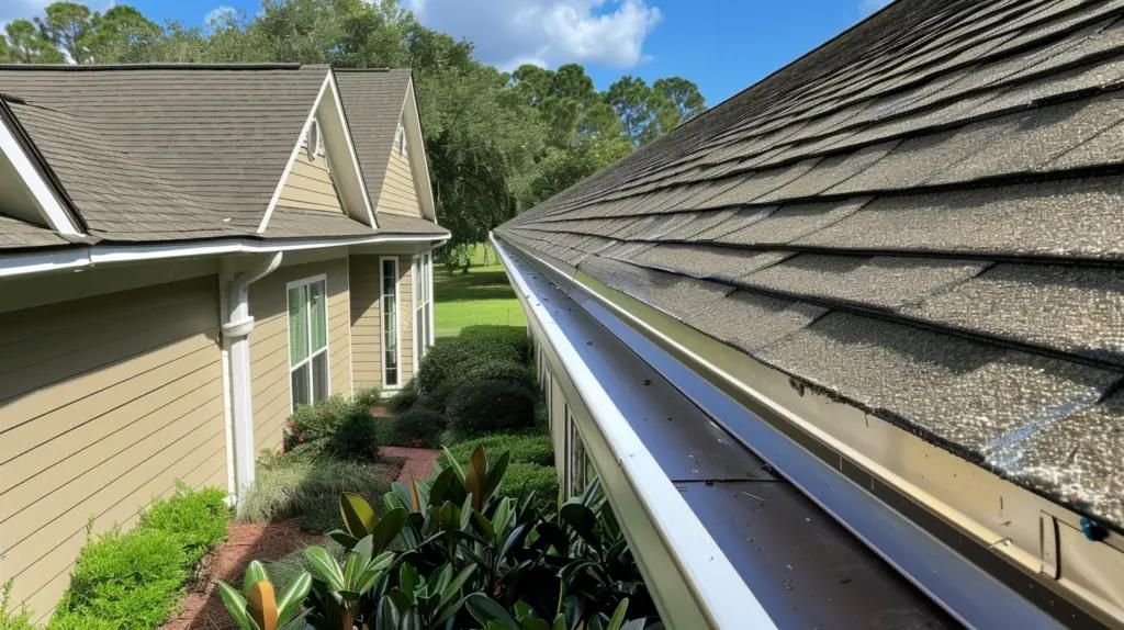 Roof gutter beside beige townhouse under blue sky, with landscaped garden below.