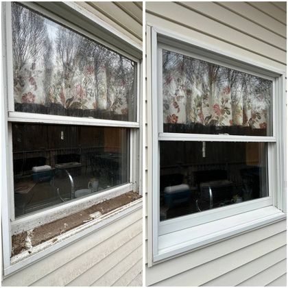 Side-by-side window comparison: old dirty window on left, cleaned white window on right.