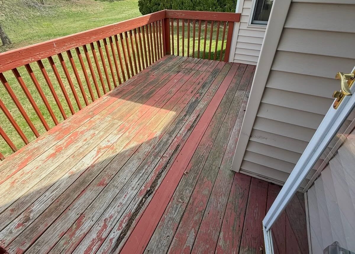 Red-stained deck peeling, before — Catanzaro's Power Washing