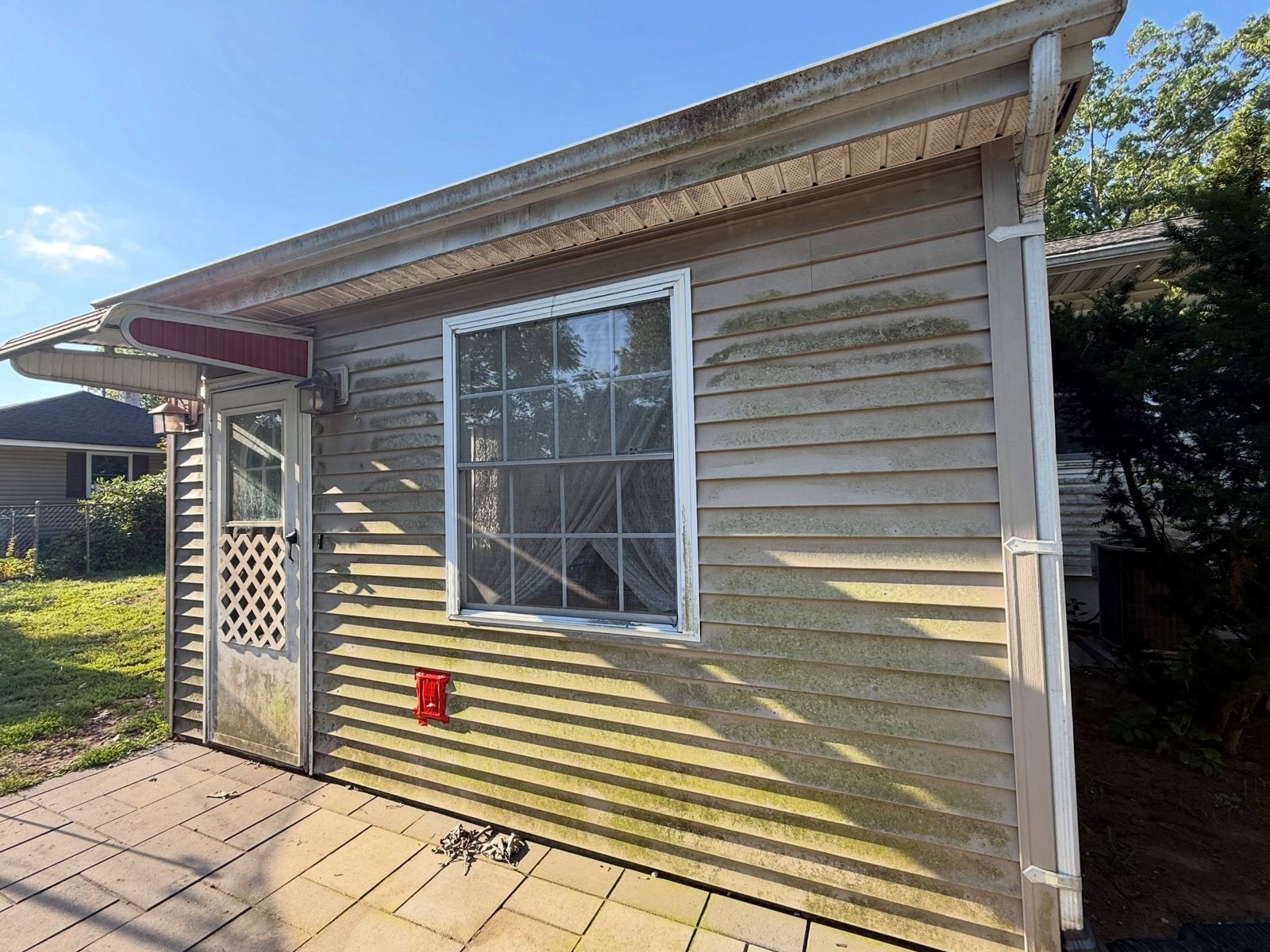 Siding wall with green streaks, before — Catanzaro's Power Washing