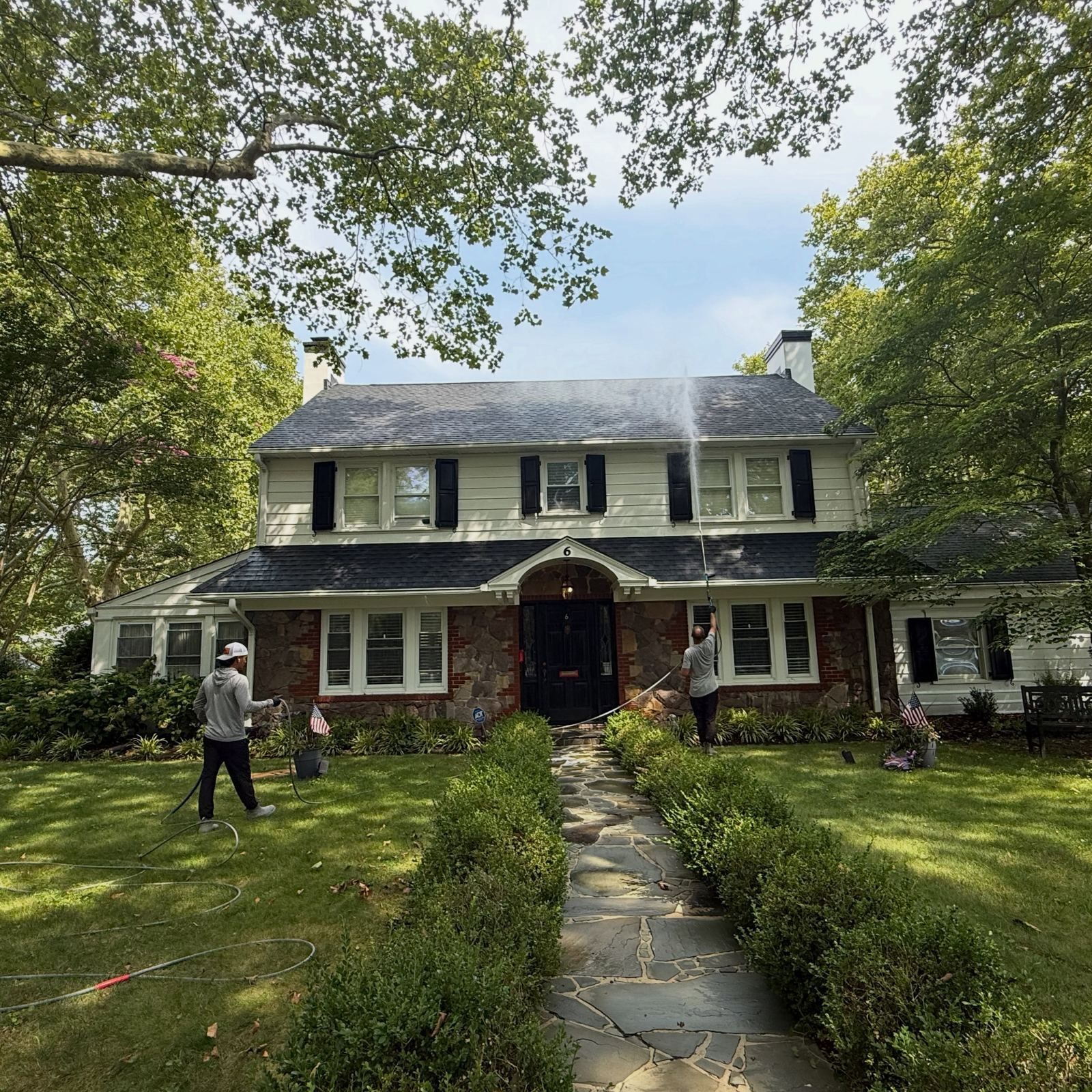 Crew washing colonial front walk — Catanzaro's Power Washing