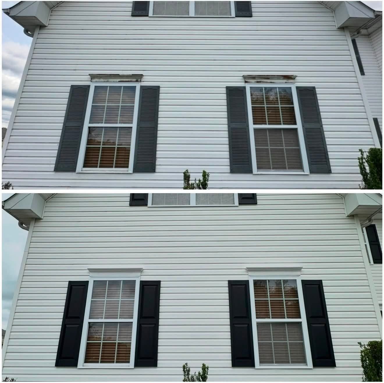 White siding with shutters, before/after pair — Catanzaro's Power Washing