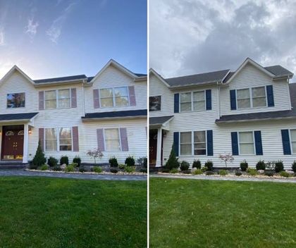 Before-and-after view of a two-story suburban house with updated exterior paint and shutters.