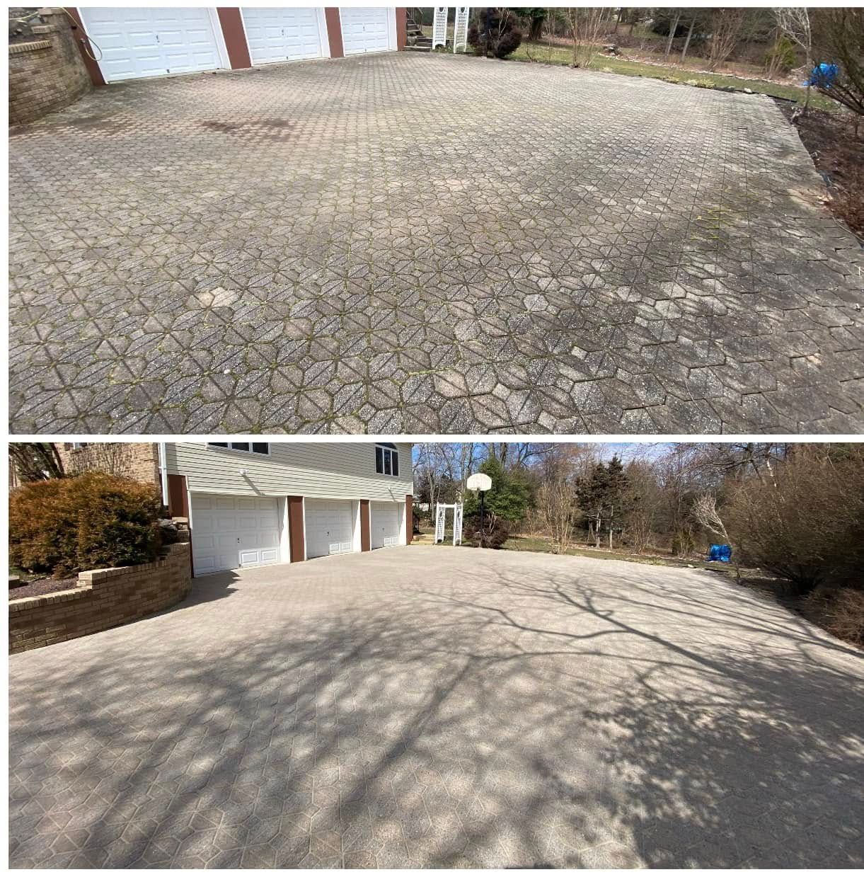 Concrete driveway before and after power washing, Monmouth County NJ