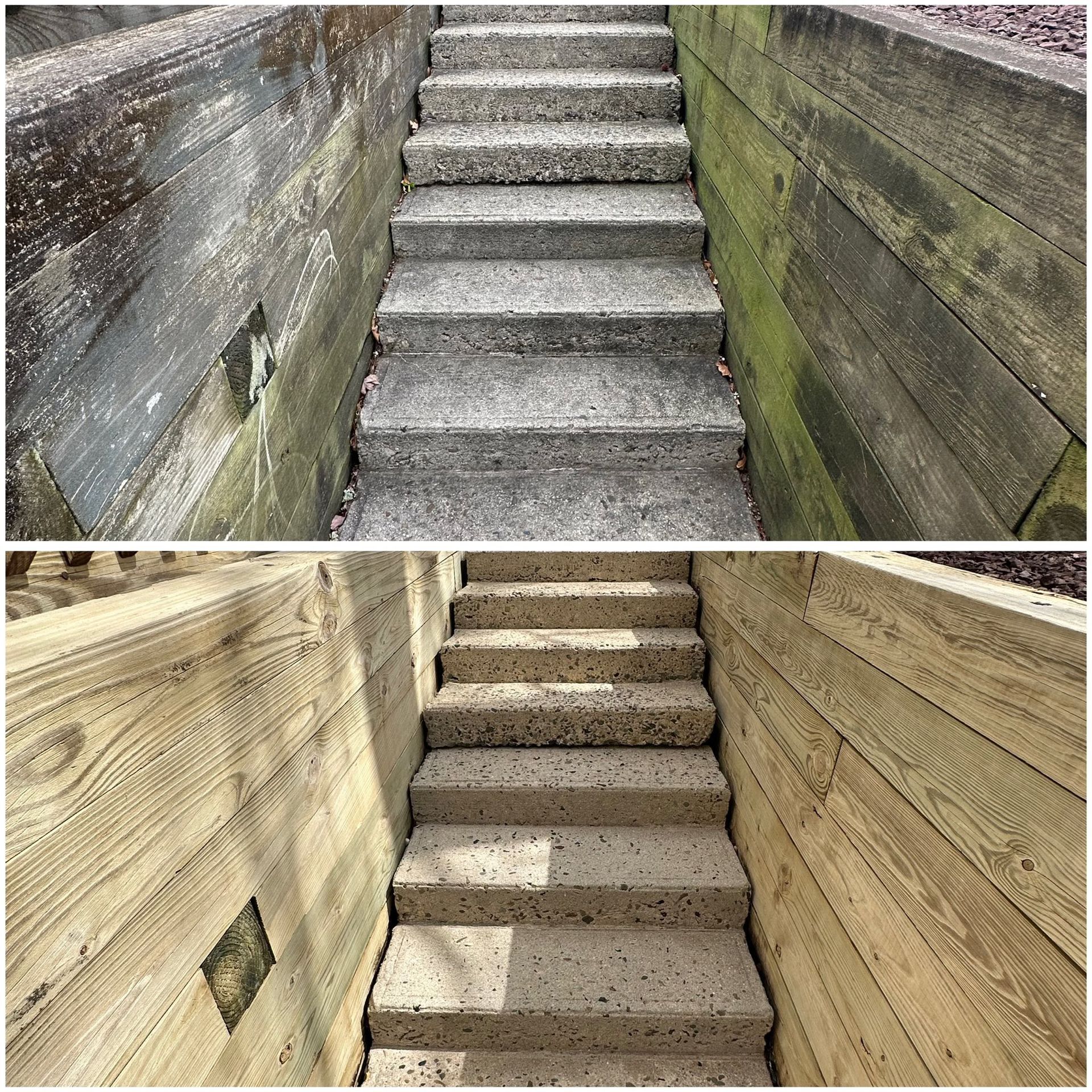 Concrete steps between walls, before/after pair — Catanzaro's Power Washing