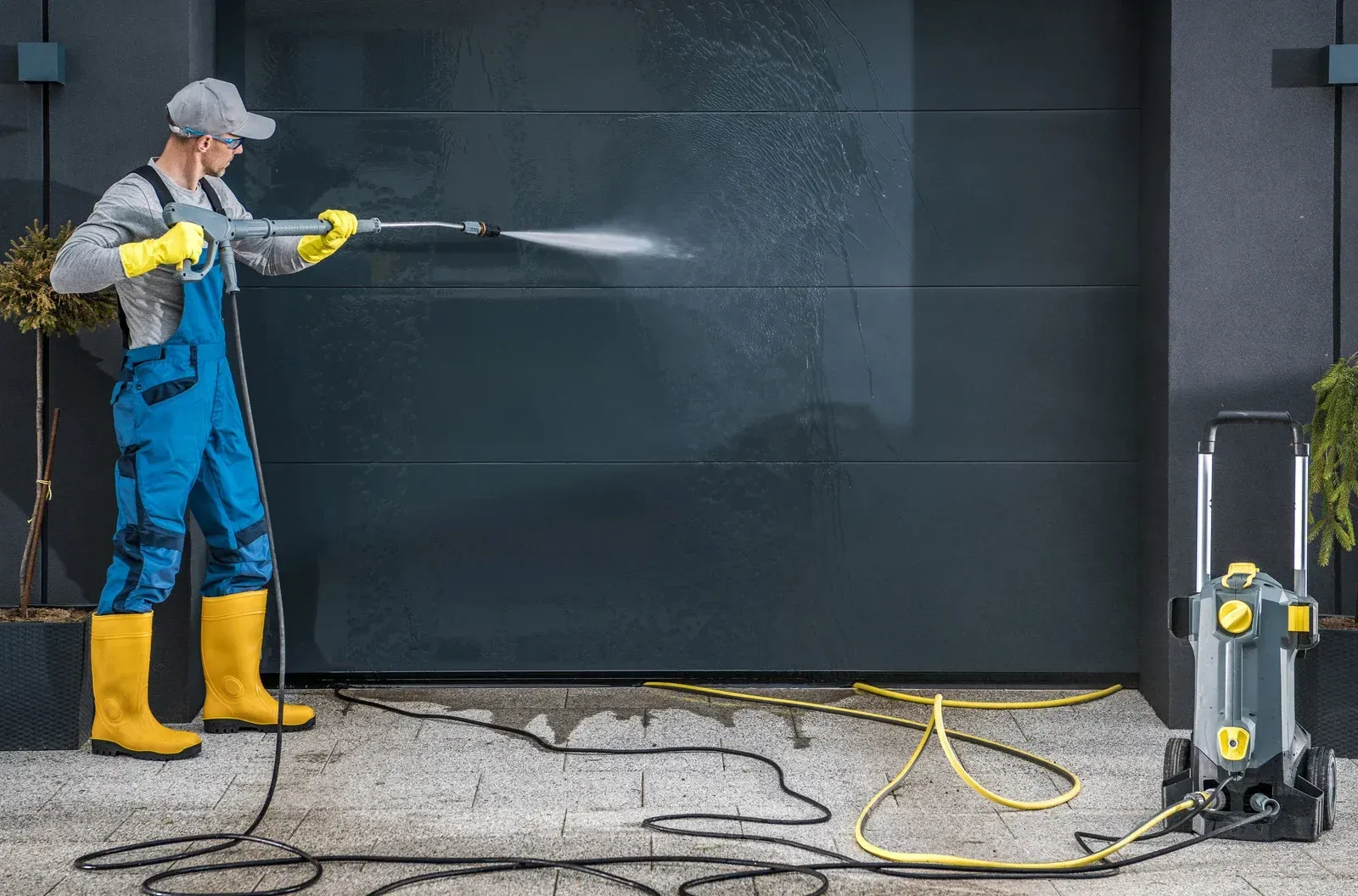 Worker pressure-washing a dark wall beside a hose-and-pump washer setup