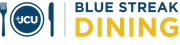Logo for Blue Streak Dining, includes fork, plate with "JCU", knife, and text in blue and gold.