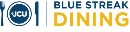 Logo for Blue Streak Dining, includes fork, plate with "JCU", knife, and text in blue and gold.