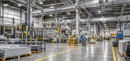 Manufacturing facility with production equipment and overhead ventilation.