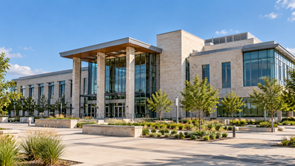 Modern municipal building with a landscaped public plaza.