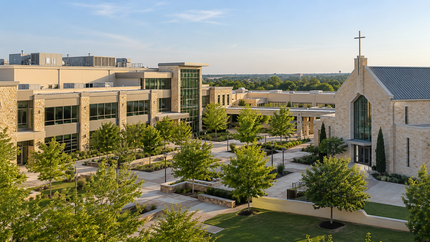 Educational and chapel buildings on an institutional campus.
