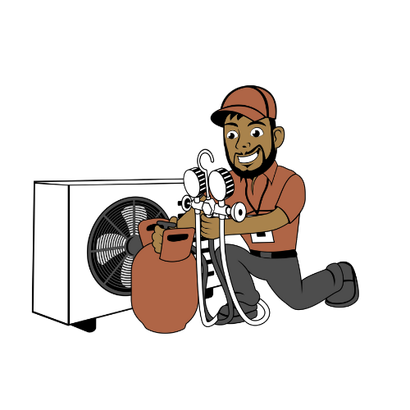 A cartoon of a man working on an air conditioner.