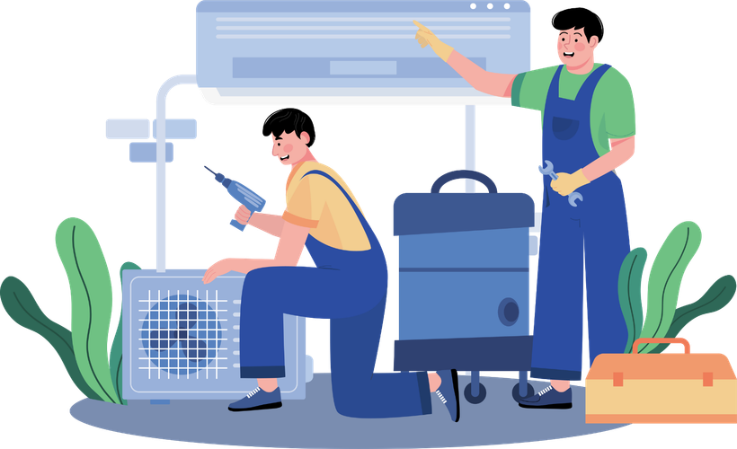 A couple of men are working on an air conditioner.