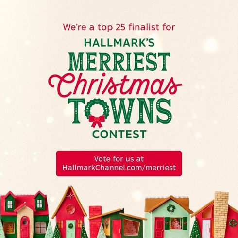 Hallmark’s Merriest Christmas Towns contest poster with colorful holiday houses and voting prompt