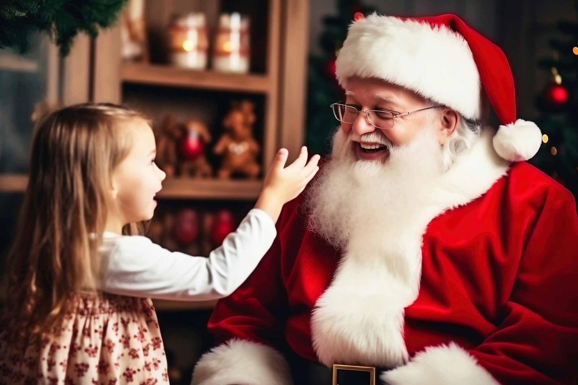 A little girl is reaching out to shake hands with santa claus.