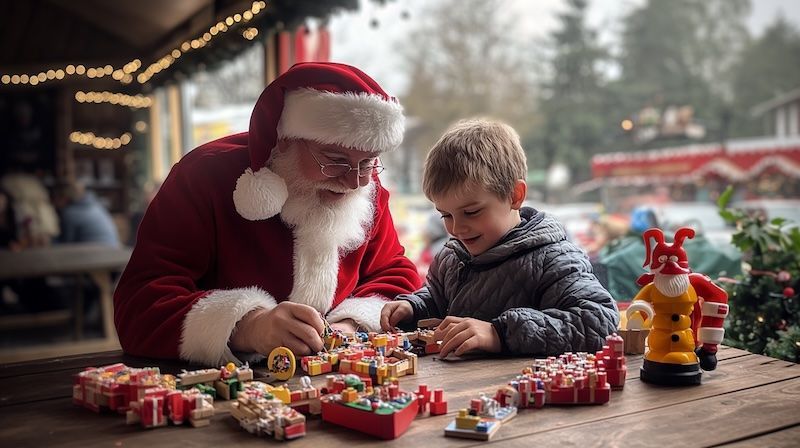 Santa claus is playing with a little boy at a table.