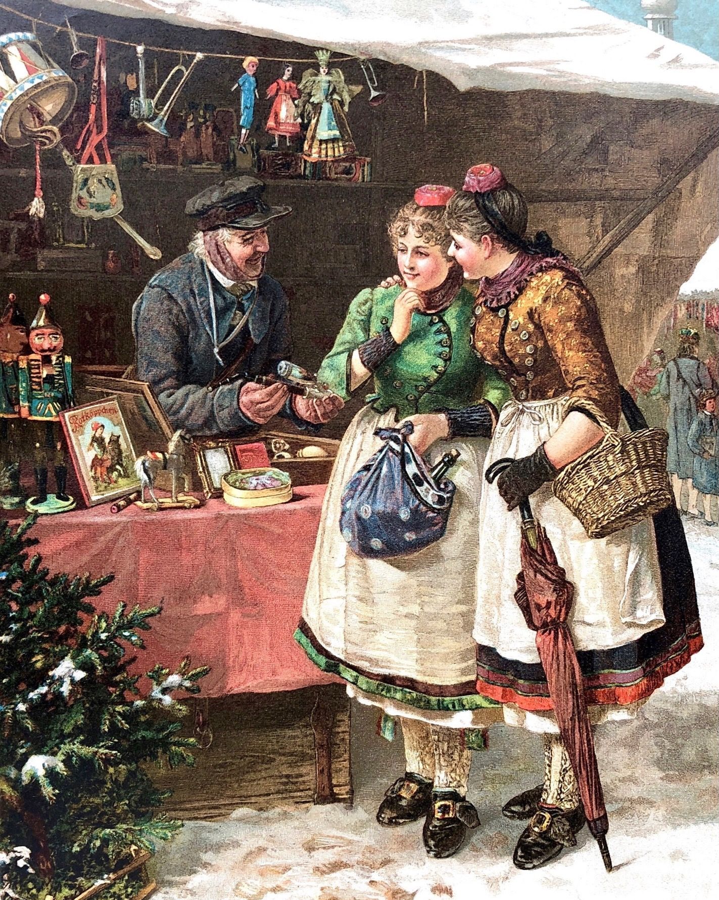 A painting of two women talking to a man at a market