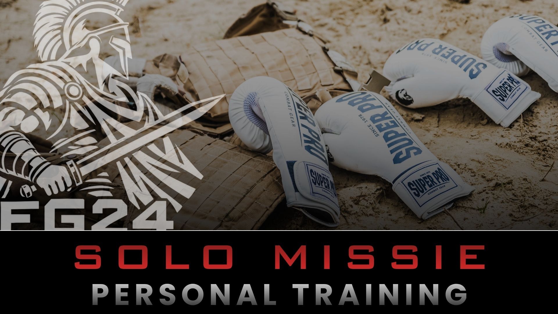 Promotieafbeelding voor fitness met bokshandschoenen op zand, met de tekst “FG24 Solo Missie Personal Training”