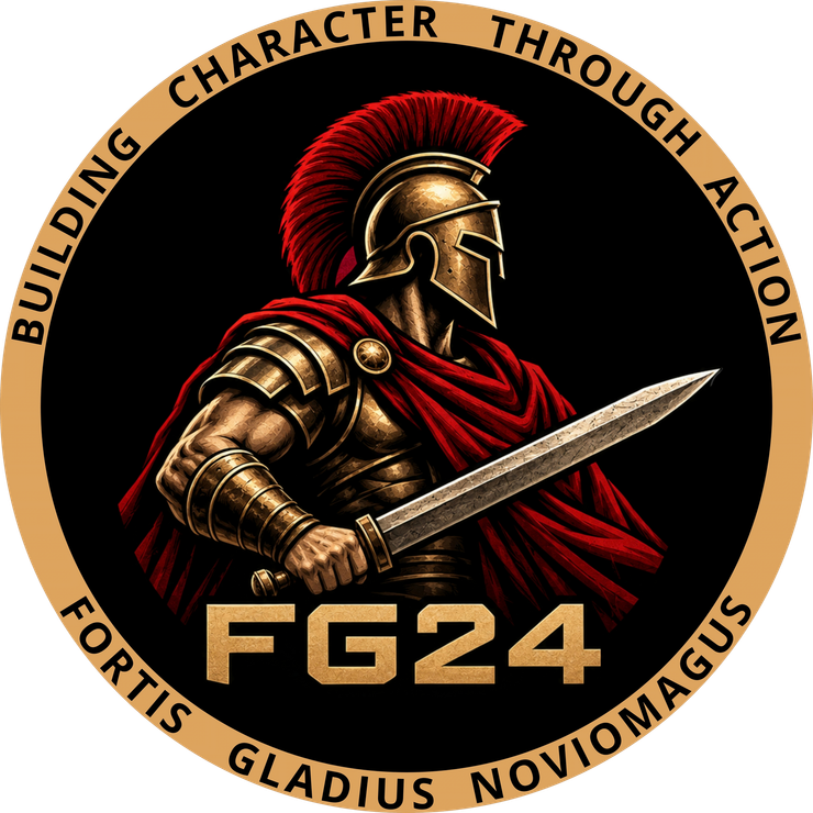 Logo van een Romeinse soldaat met de tekst FG24 en een ronde rand met motto op een zwarte achtergrond