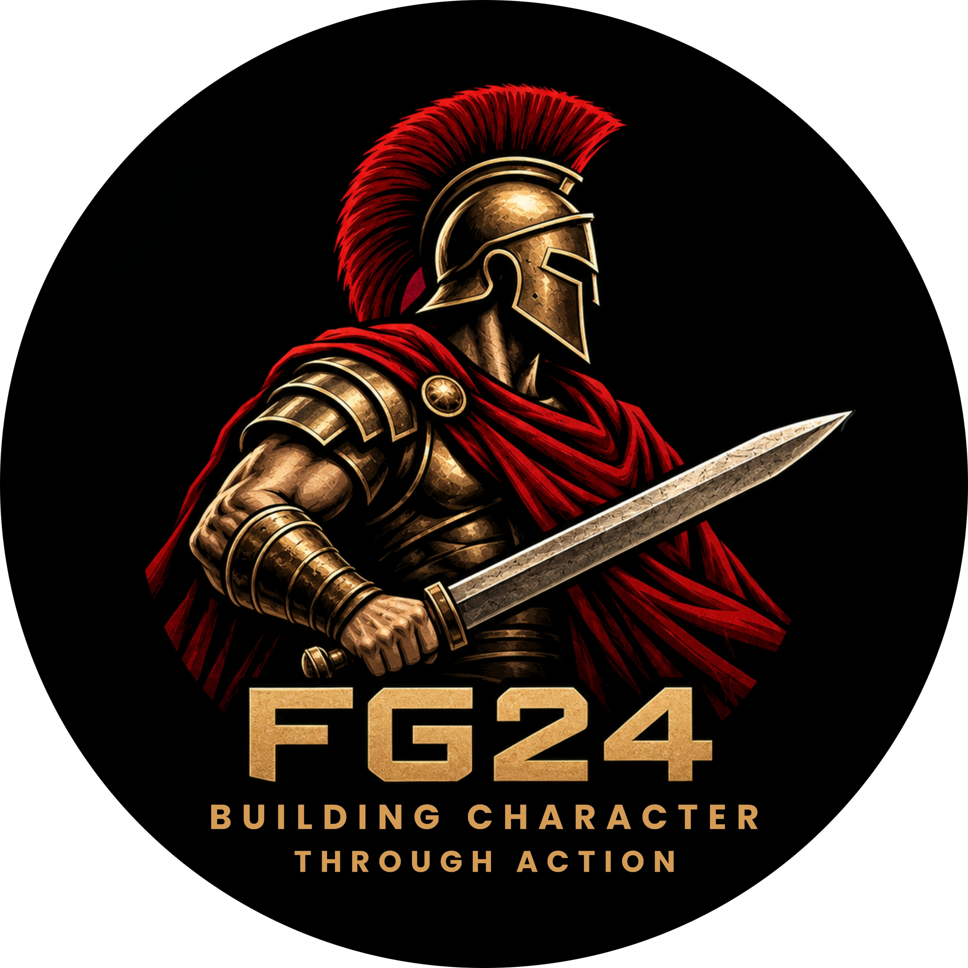 Gouden Spartaans krijgerslogo met FG24 en de slogan ‘Building Character Through Action’ op een zwarte achtergrond