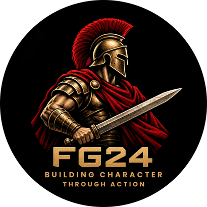 Gouden Spartaans krijgerslogo met FG24 en de slogan ‘Building Character Through Action’ op een zwarte achtergrond