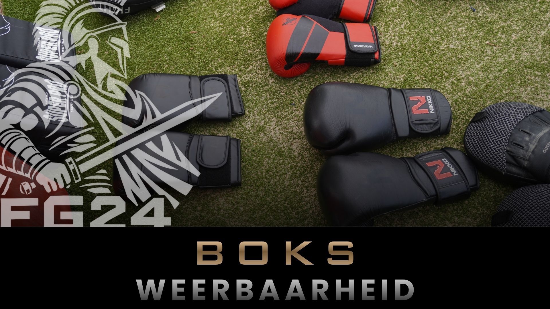 Diverse zwarte en rode bokshandschoenen op een mat met de tekst ‘BOKS WEERBAARHEID’
