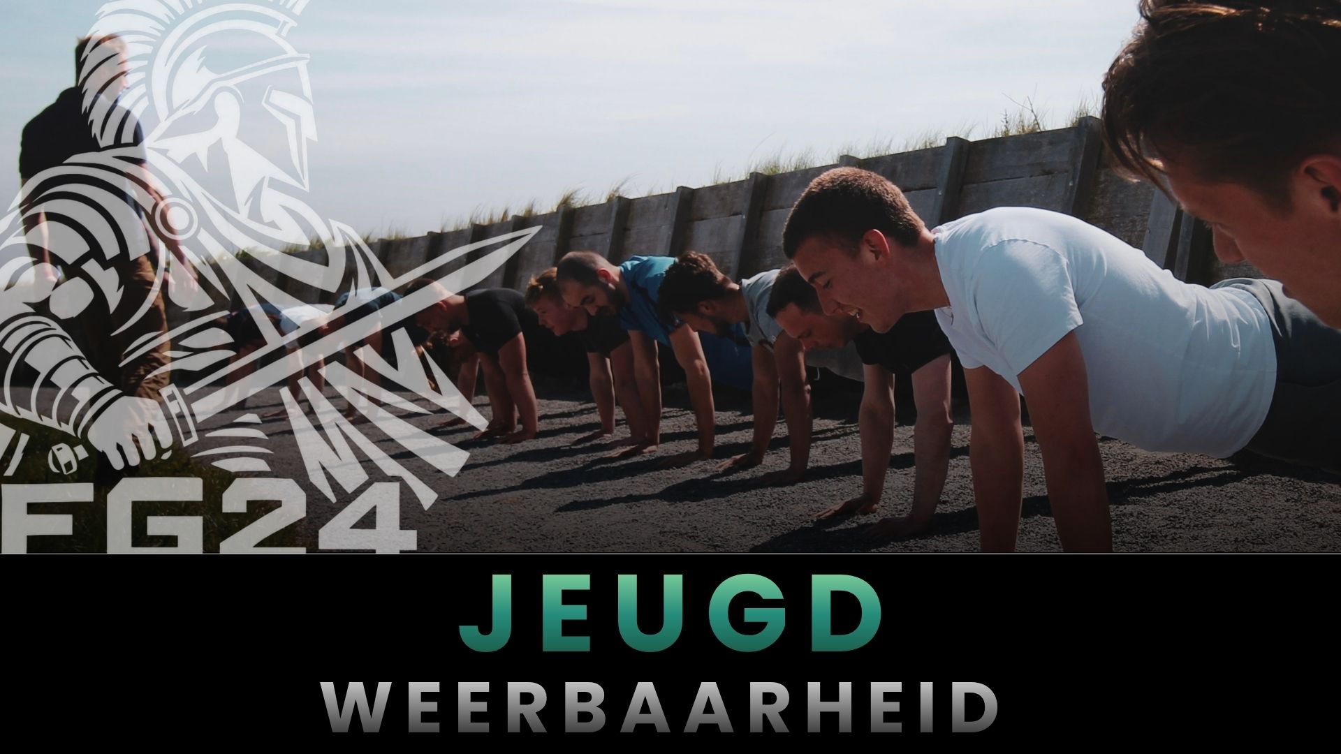 Soldaten die in formatie op een veld push-ups doen, met de tekst “JEUGD WEERBAARHEID” en “F24” in beeld