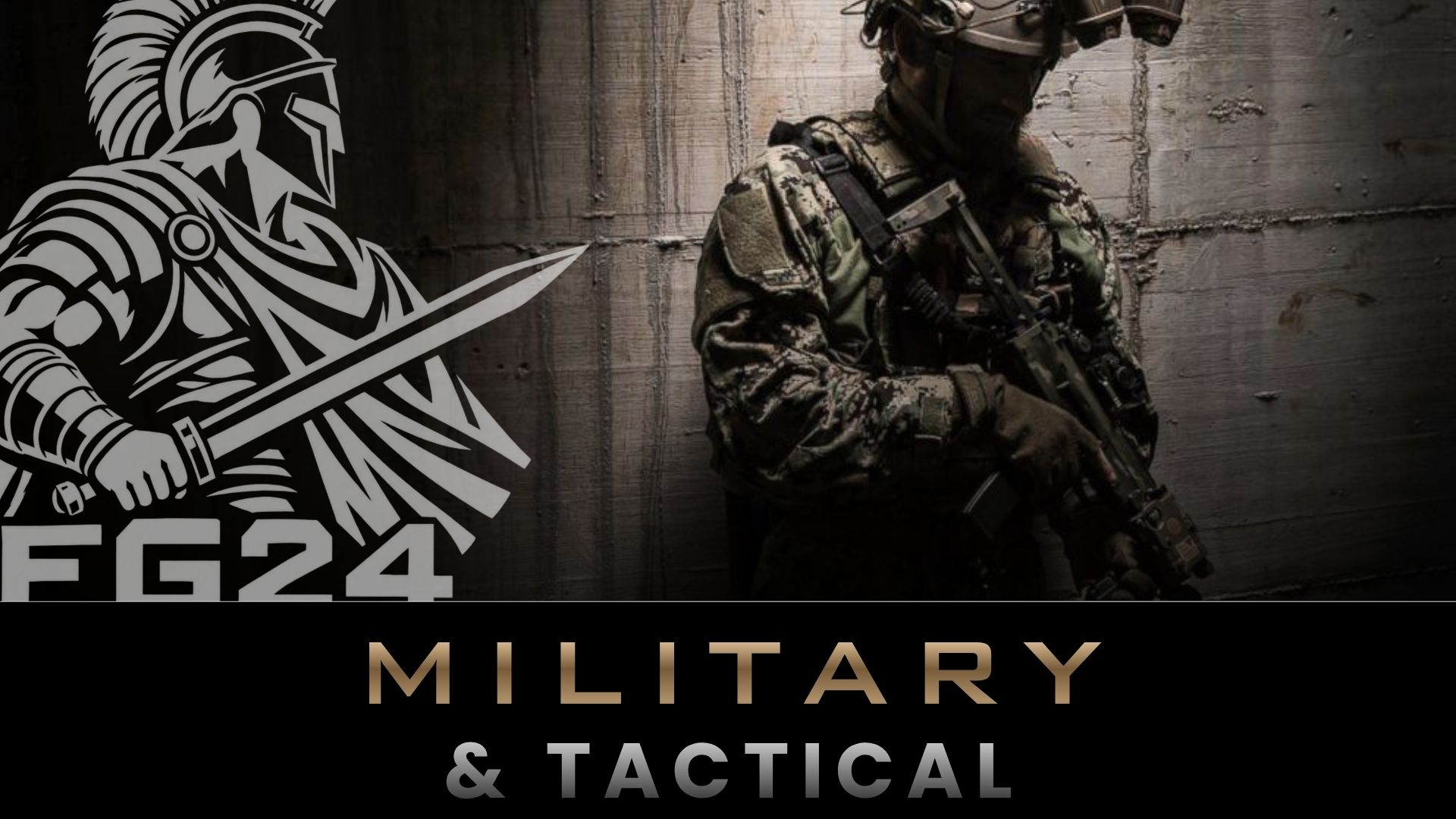 Spartaanse soldatenlogo naast een gecamoufleerde soldaat, met de tekst “FG24 Military & Tactical” op een donkere achtergrond