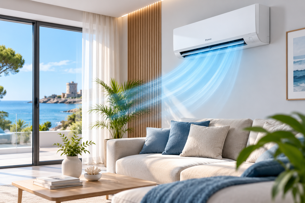 Luminoso soggiorno con divano, piante e vista sull'oceano; il condizionatore d'aria diffonde una fresca aria blu nell'ambiente.