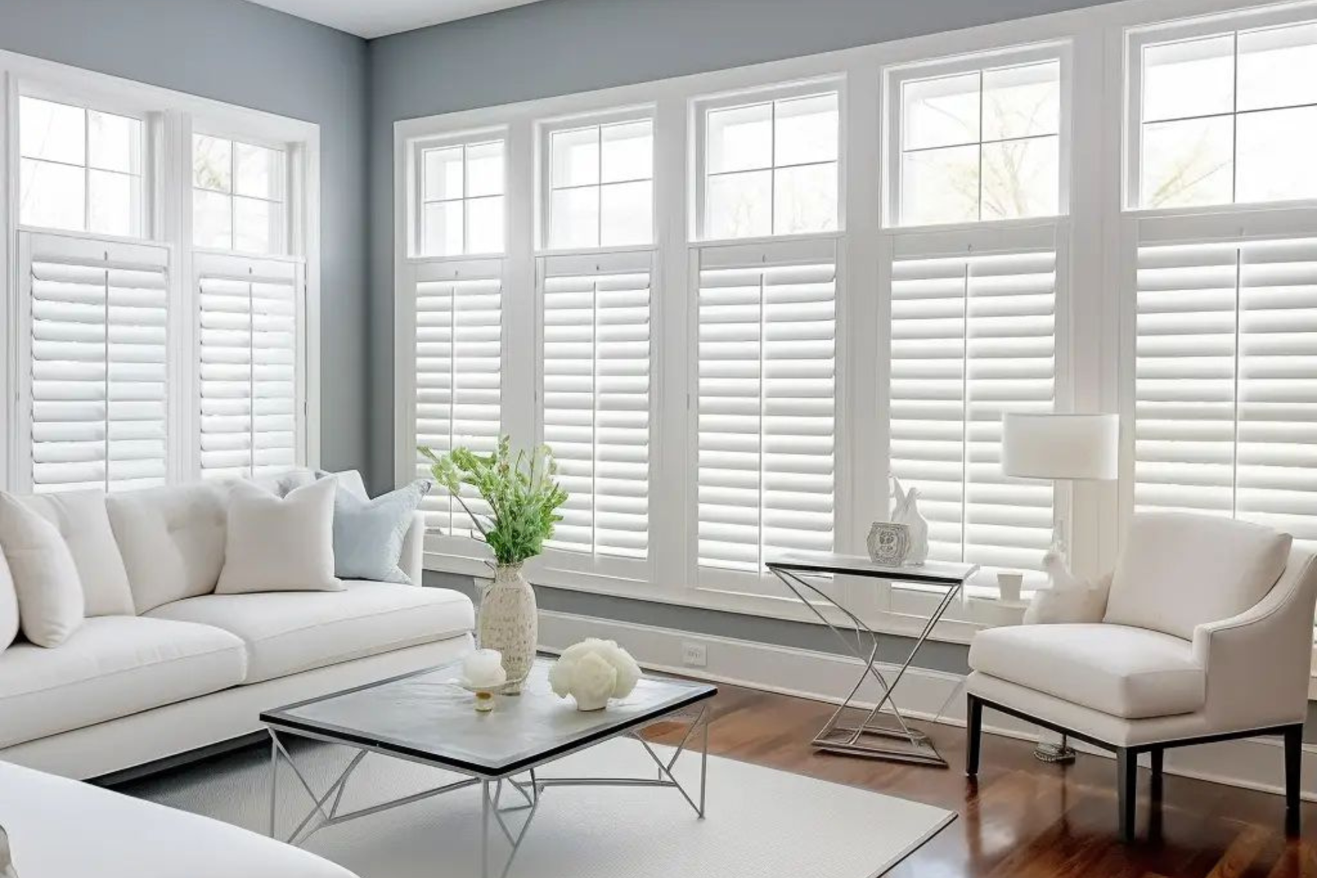A living room with a couch , chair , coffee table and shutters on the windows.