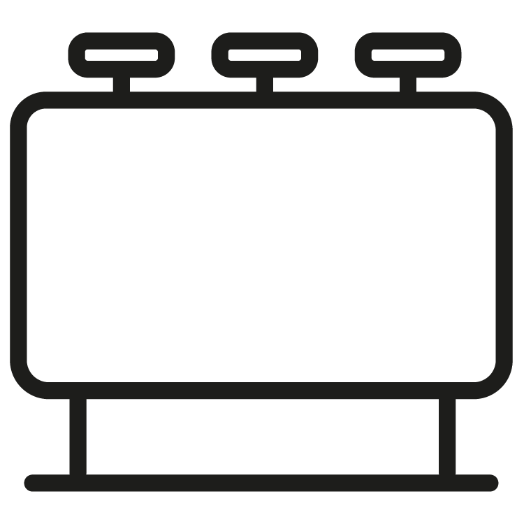 A black and white icon of a billboard with three lights on it.