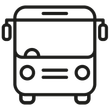 A black and white icon of a bus on a white background.