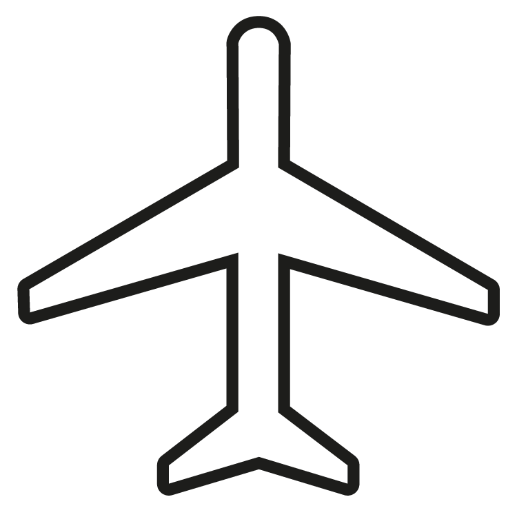 A black and white drawing of an airplane on a white background.