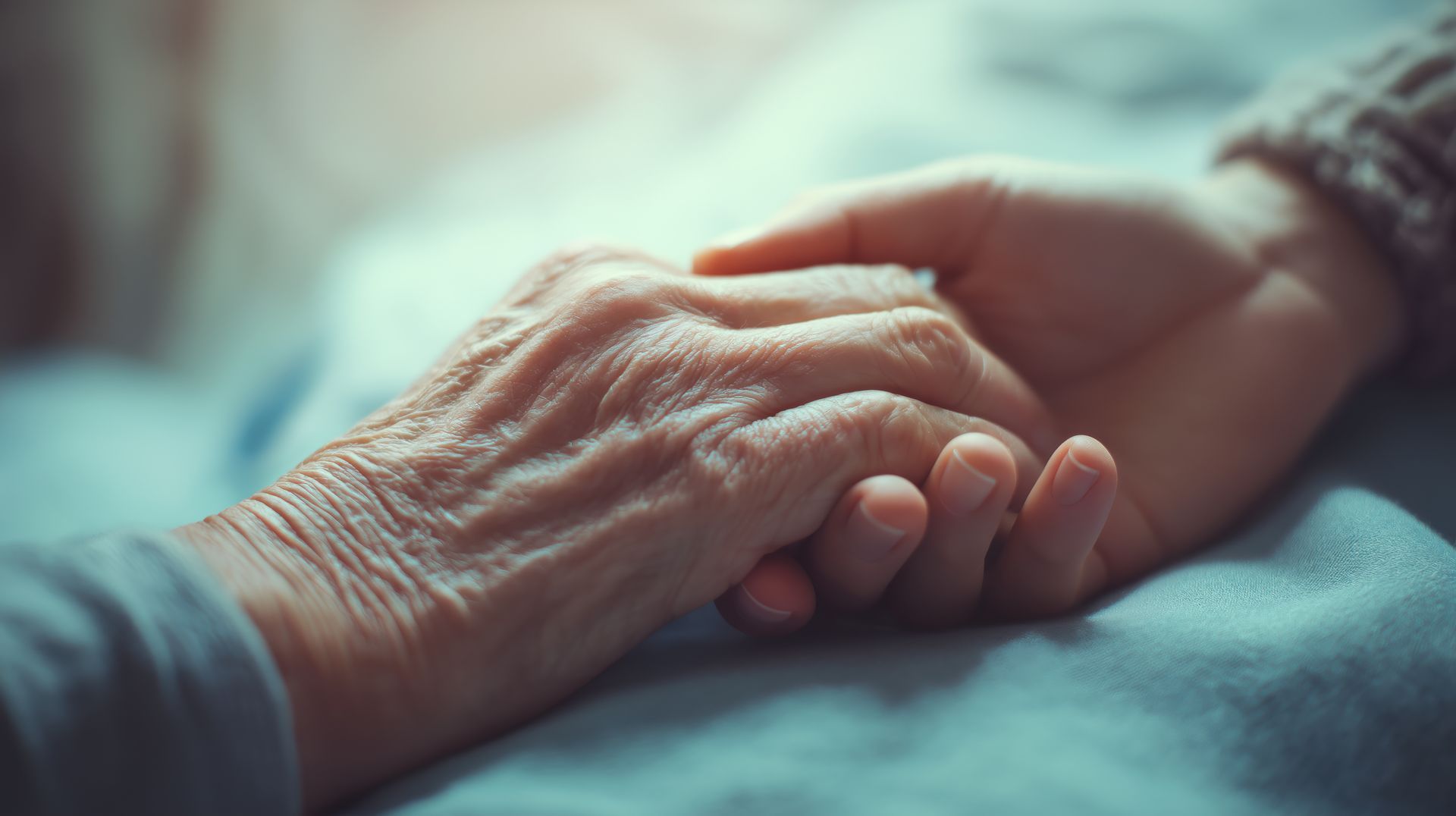 Two hands gently holding, one wrinkled and one younger, resting on a soft blanket.