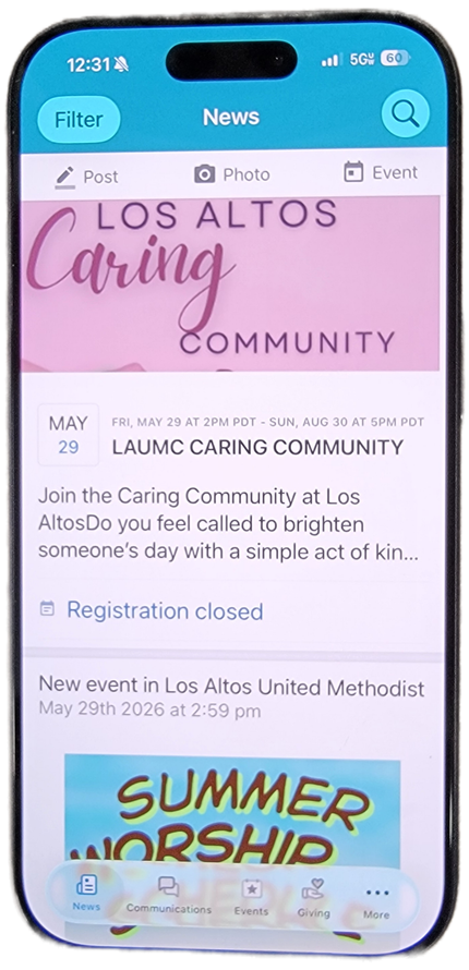 Phone screen showing a community webpage titled “LOS ALTOS CARING COMMUNITY” .