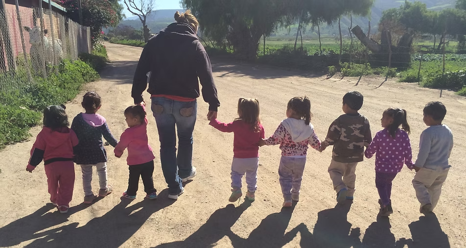 Adult holding hands with six children walking down a sunlit dirt path outdoors Adult holding hands with six children walking down a sunlit dirt path outdoors