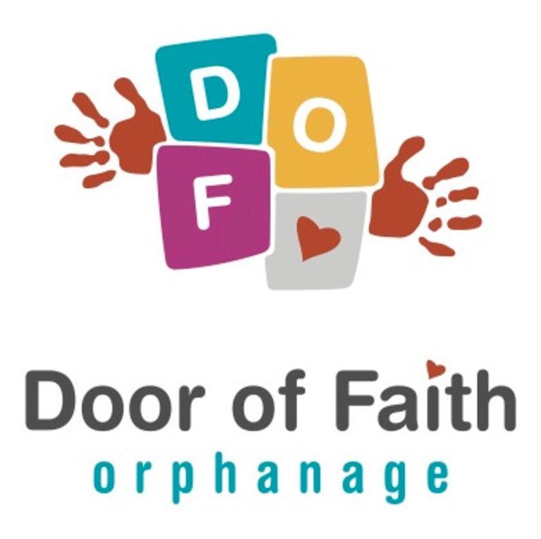 Door of Faith Orphanage logo with colorful letters and red handprints Door of Faith Orphanage logo with colorful letters and red handprints
