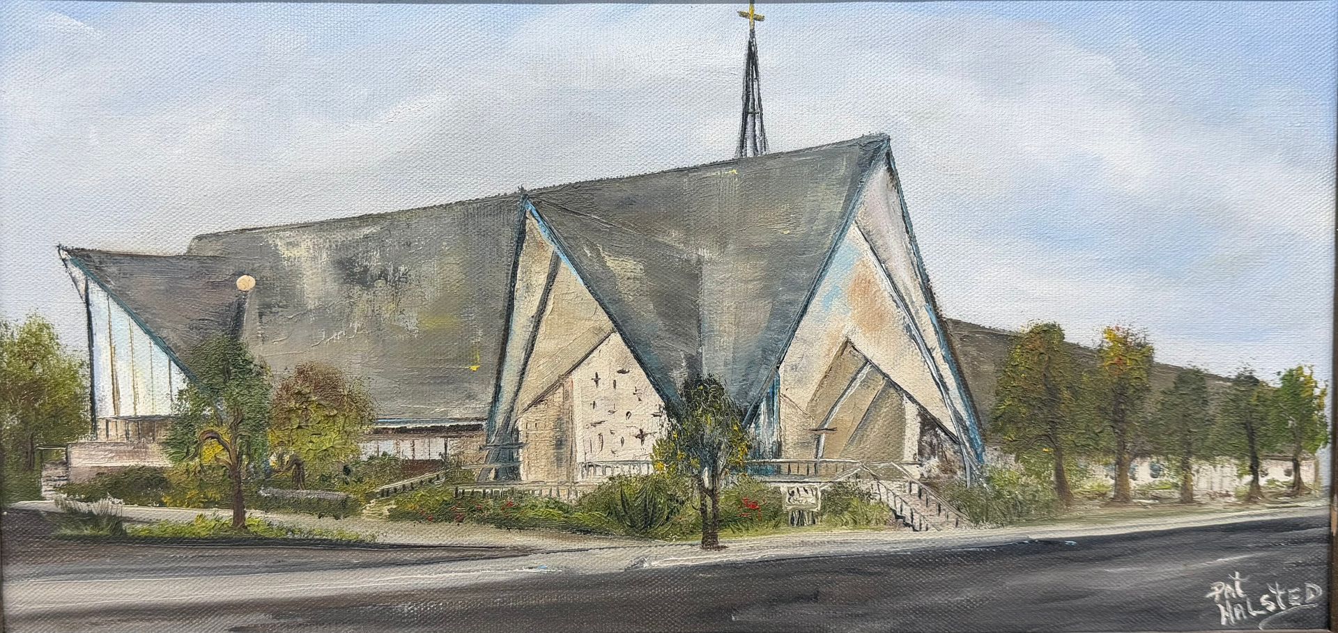 Watercolor of a modern church with a steep roof, cross steeple, and trees beside a street. Watercolor of a modern church with a steep roof, cross steeple, and trees beside a street.